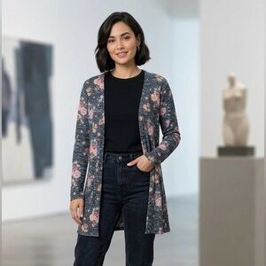 WallFlower Pink Floral Knit Cardigan with Gray Base